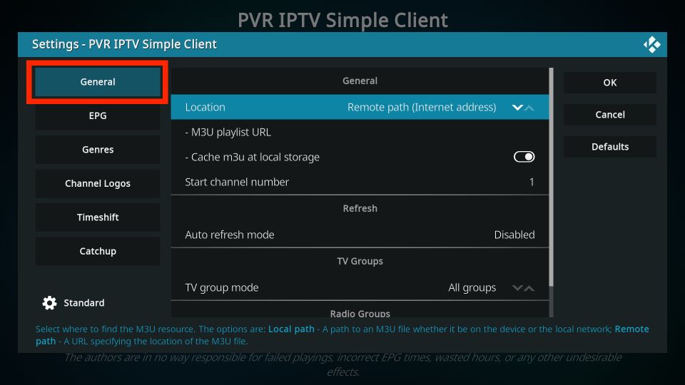 PVR iptv simple client settings