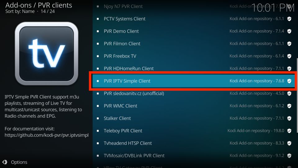 select the PVR IPTV Simple Client option