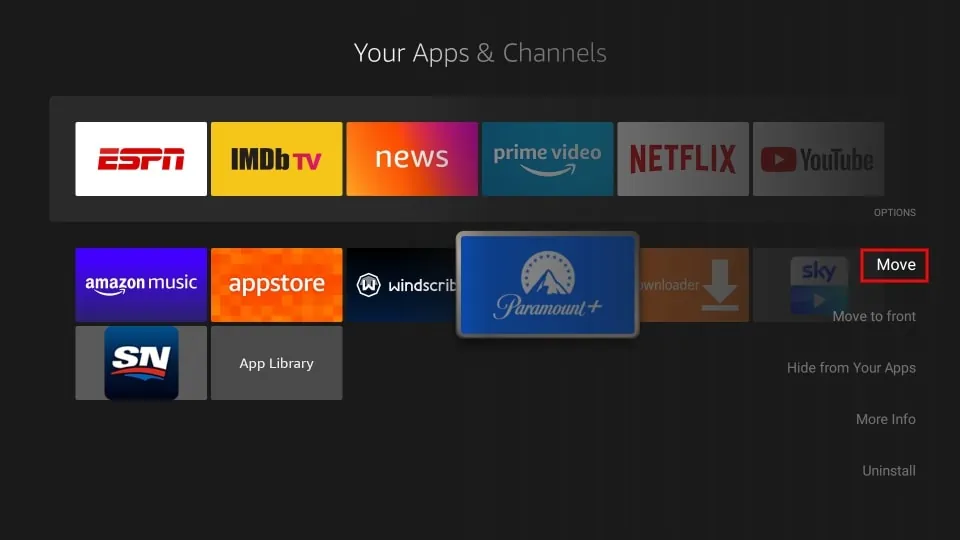 move Paramount plus app to home screen on FireStick