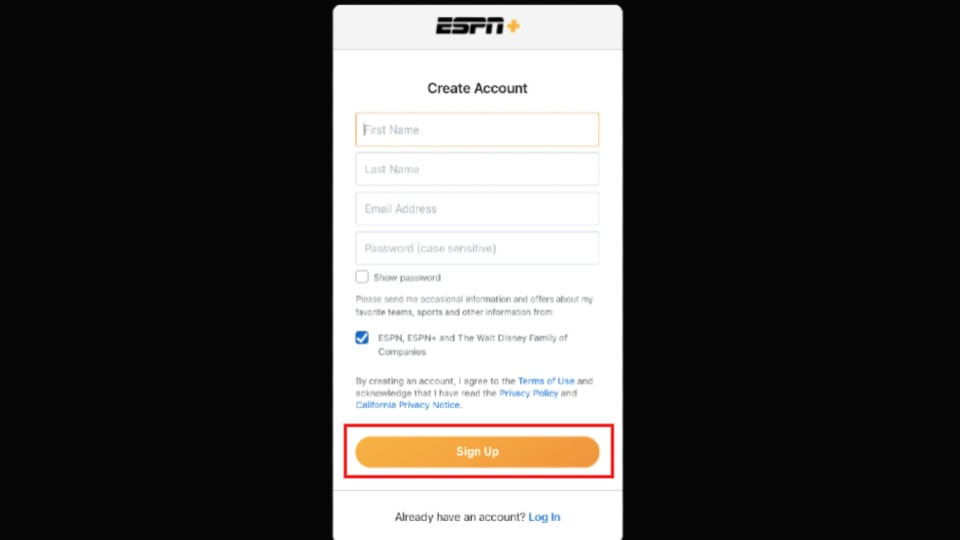 Create Account for espn plus