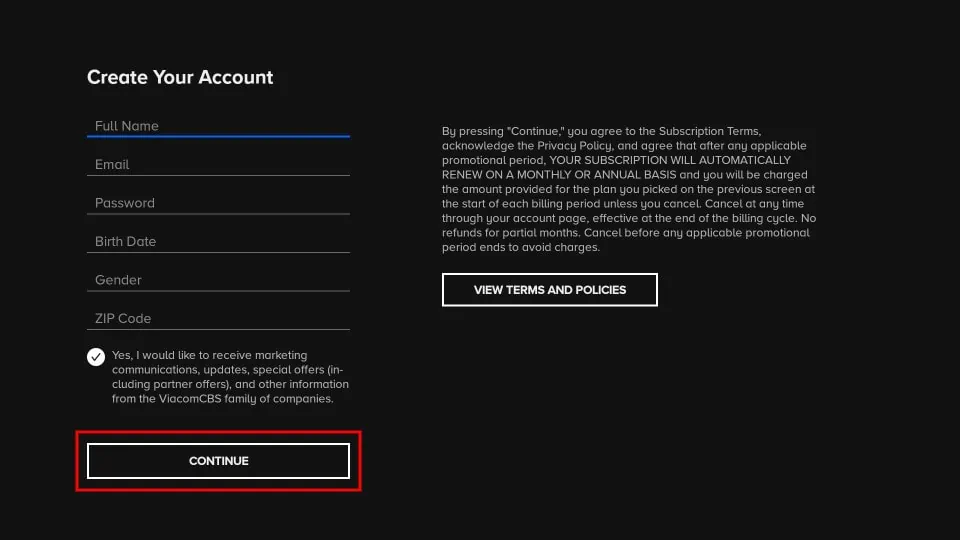 create the account and then click on continue button