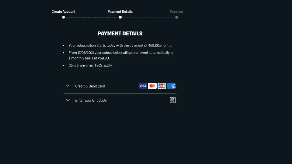 dazn Payment Details page