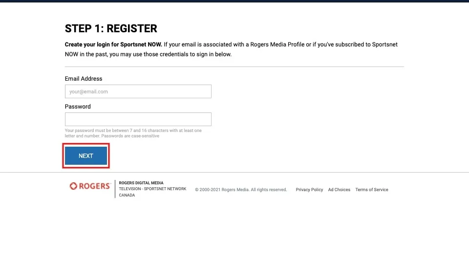 Sportsnet now Register page