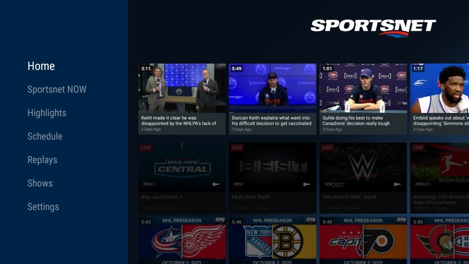 sportsnet now home screen