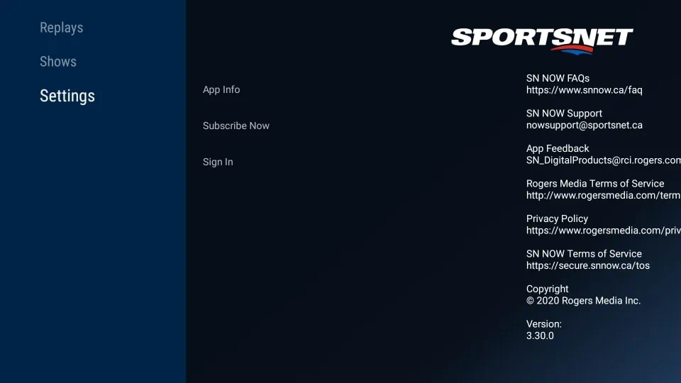 sportsnet now Settings