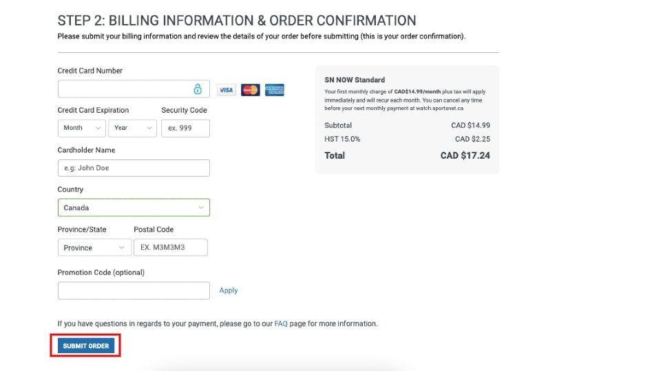 billing information & order confirmation page