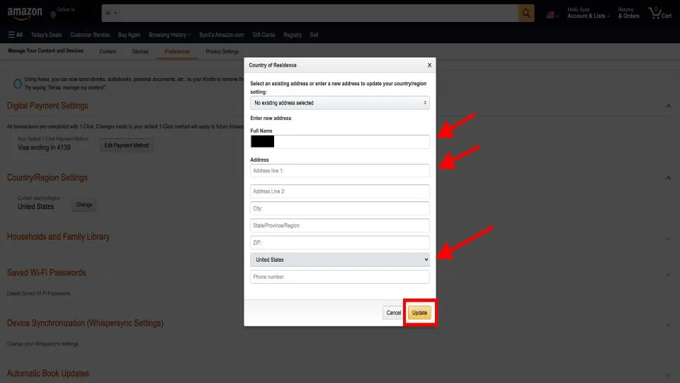 country of residence page on amazon account