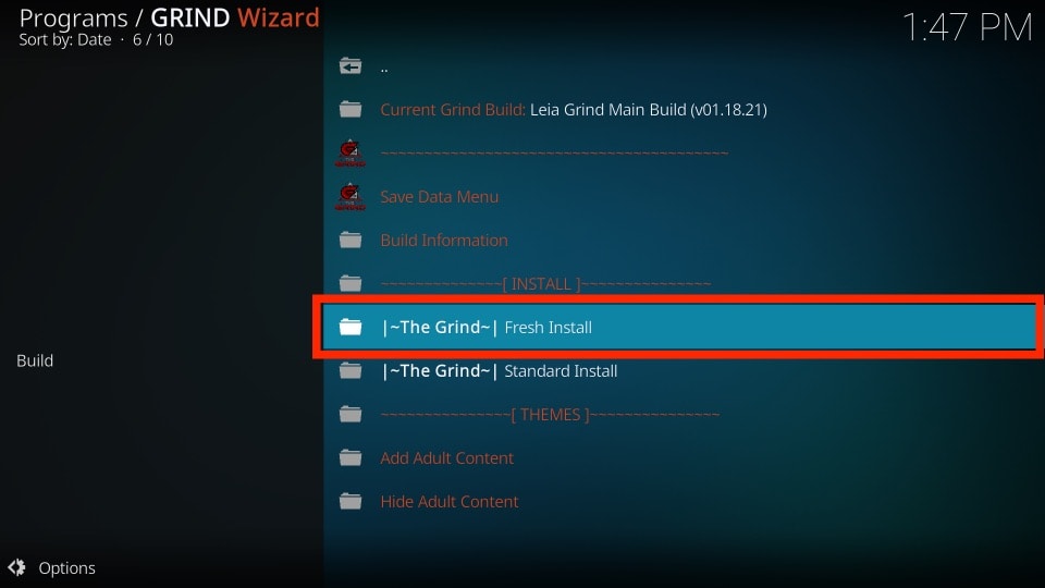 fresh installation of grind on kodi build