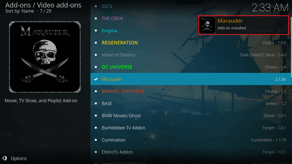 Marauder addon installed on kodi