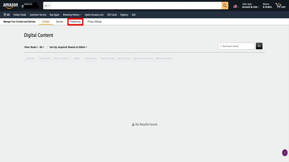 open amazon preferences tab