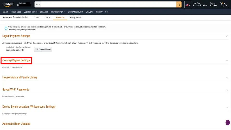 country/region settings on amazon