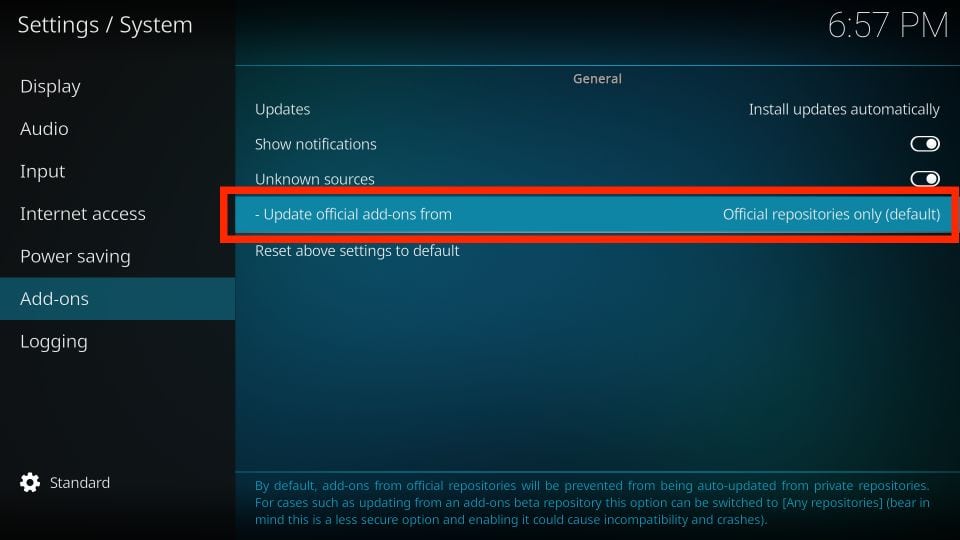 Update official add-ons from setting