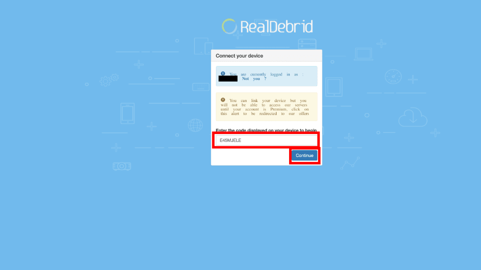enter real debrid code and click on continue button