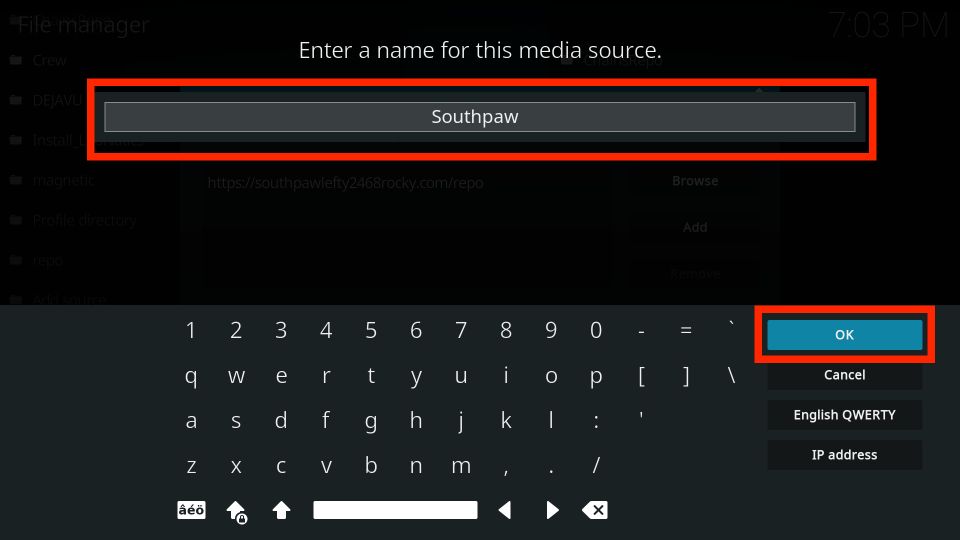 enter southpaw and click on ok button