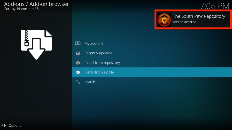 southpaw repository addon installed