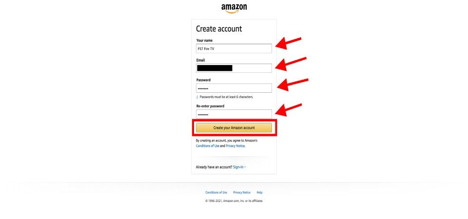 create amazon account for fire stick activation
