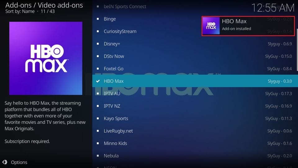 hbo max kodi addon installed