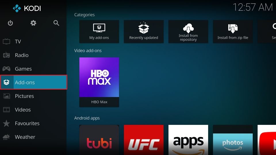 kodi addons menu