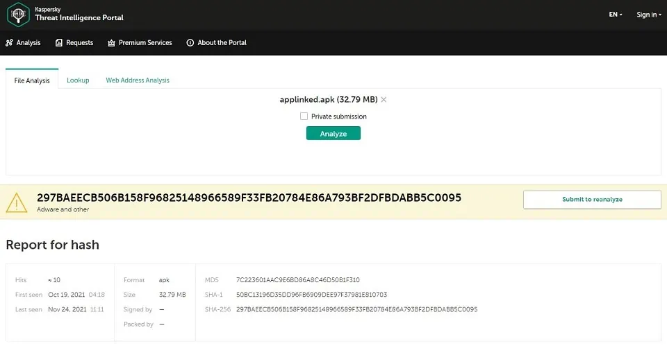 applinked apk scan kaspersky