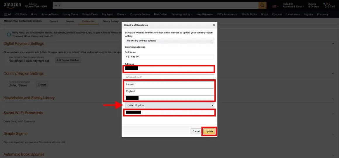 change address amazon fire stick