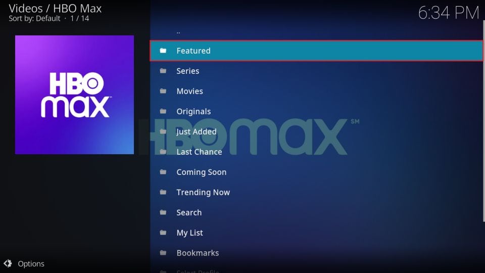 hbo max kodi addon home screen