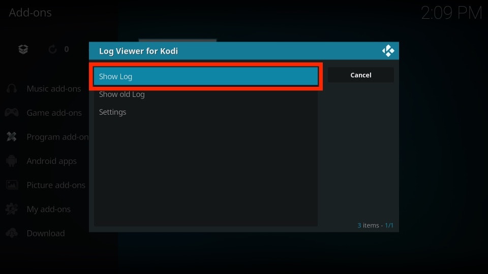 how to check kodi log