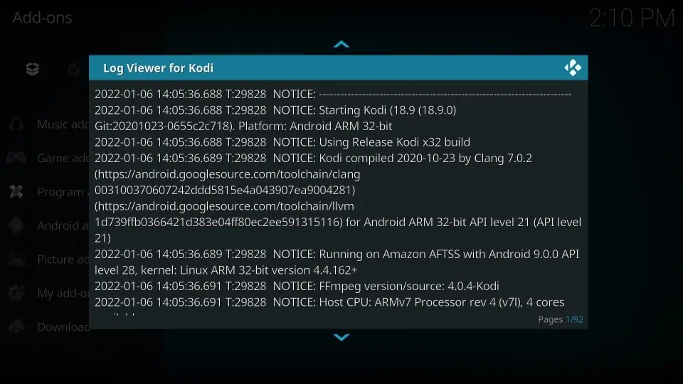 kodi error log