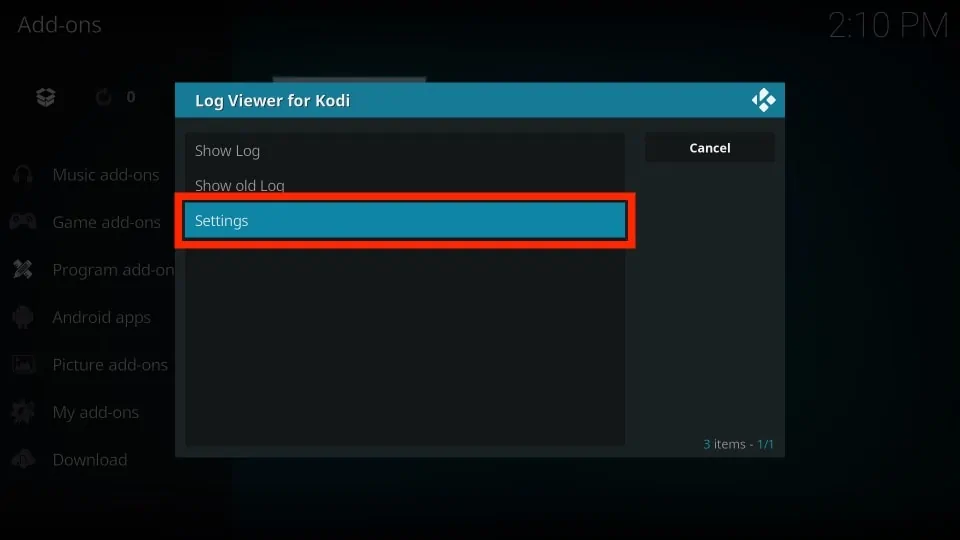 where to find kodi error log file