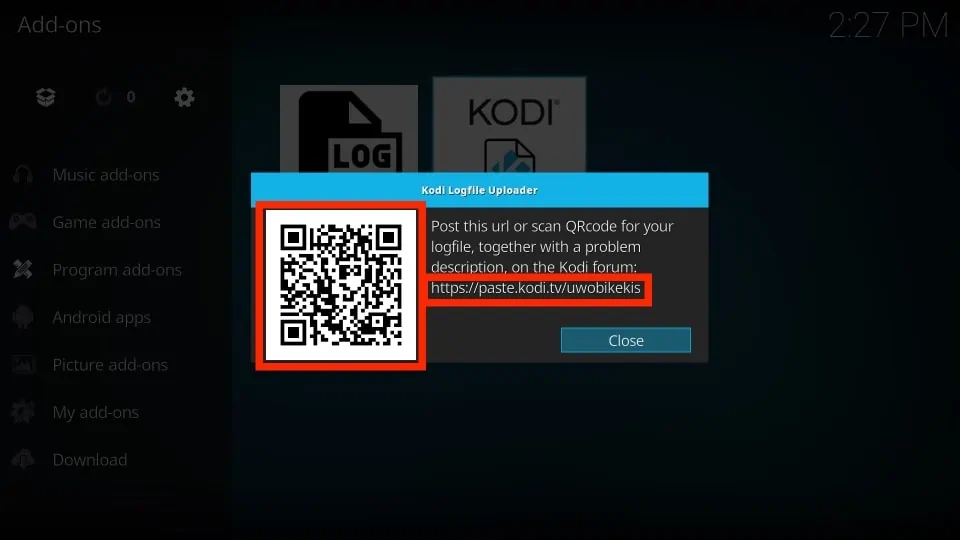 check the log for more information kodi error