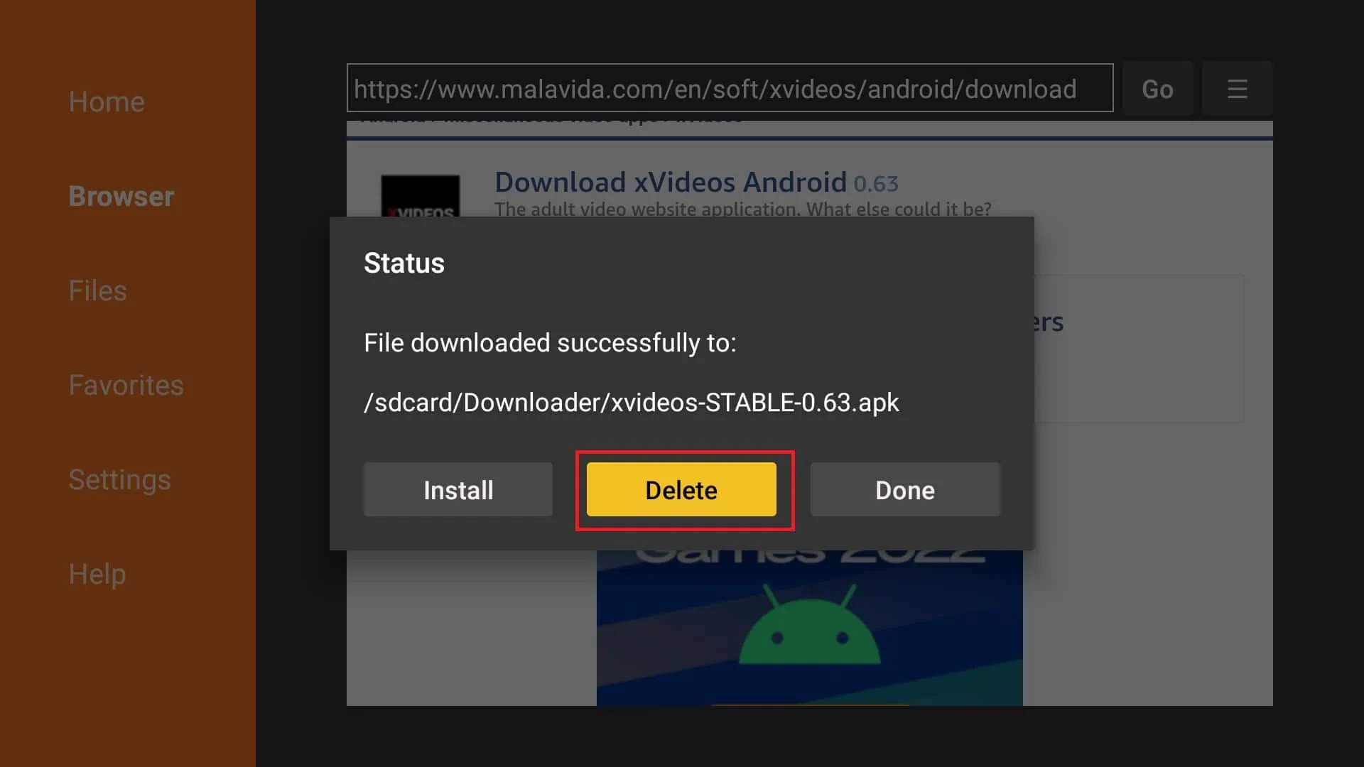 Delete xvideos APK file