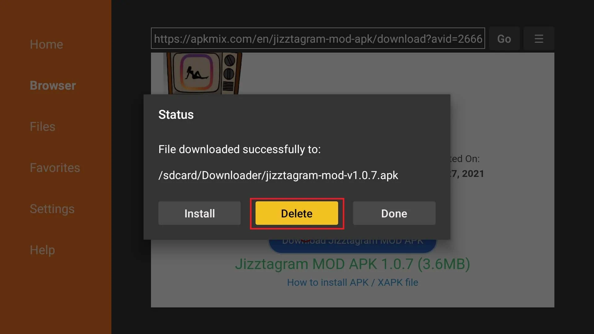 Delete Jizztagram APK file 