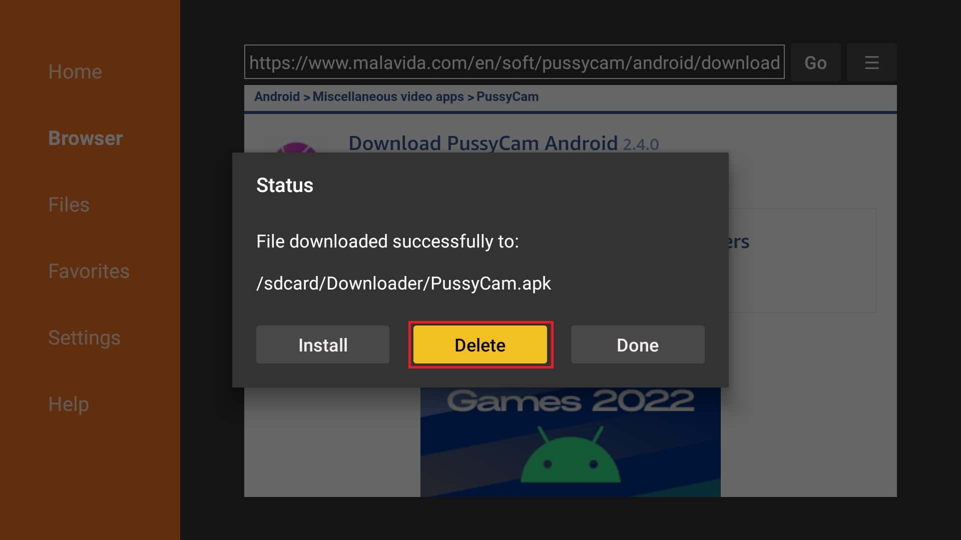 delete Pussycam APK file