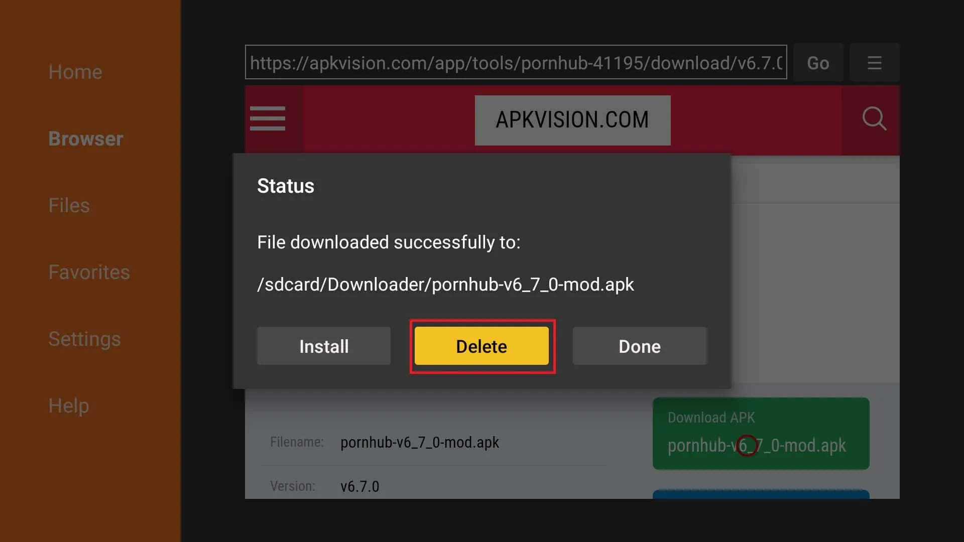 delete pornhub apk file