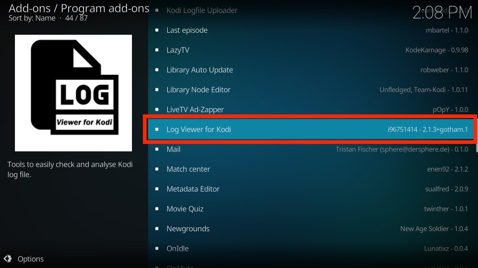 how to check log on kodi