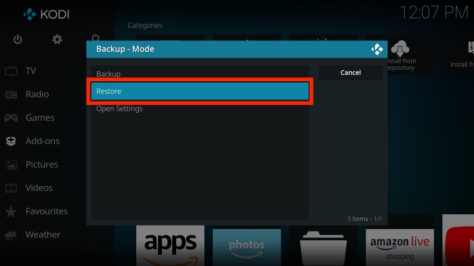 how to restore kodi backup with backup addon