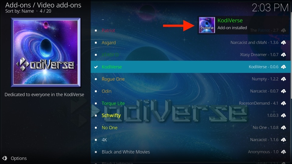 kodiverse kodi addon installed