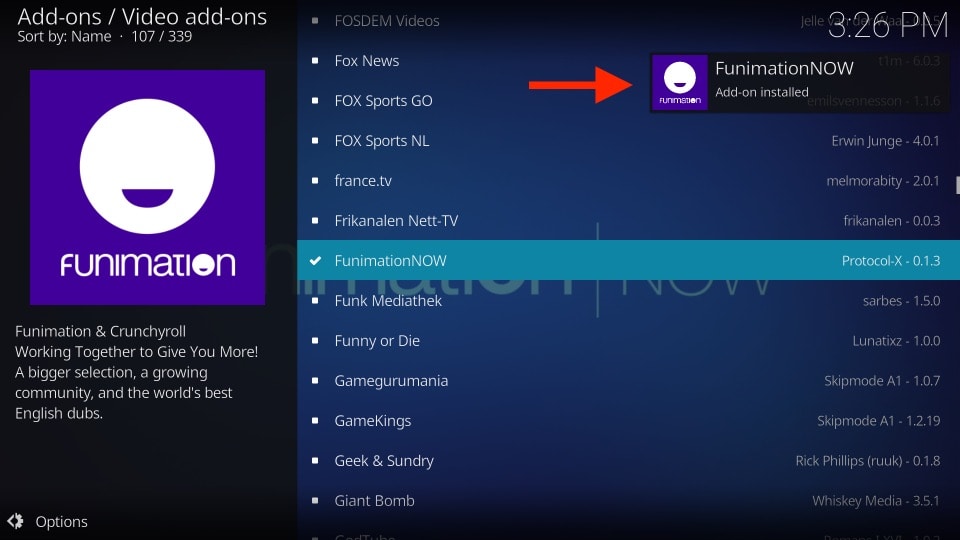 funimation installed on kodi