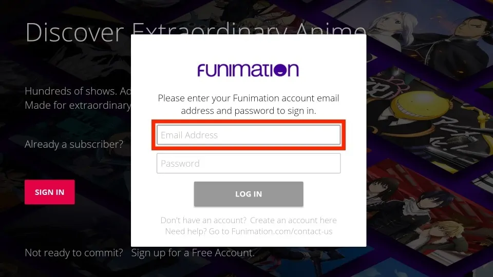 enter email address funimation