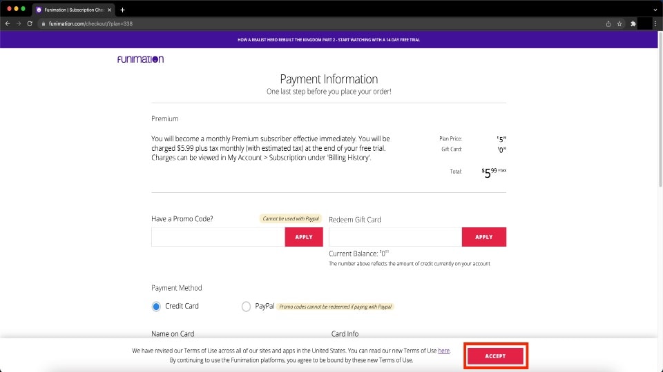 payment information funimation