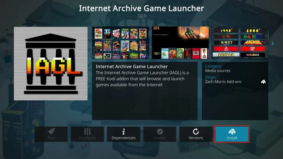 how to install internet archive game launcher on kodi