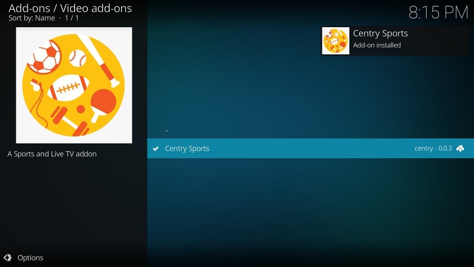 centry sports kodi addon notification