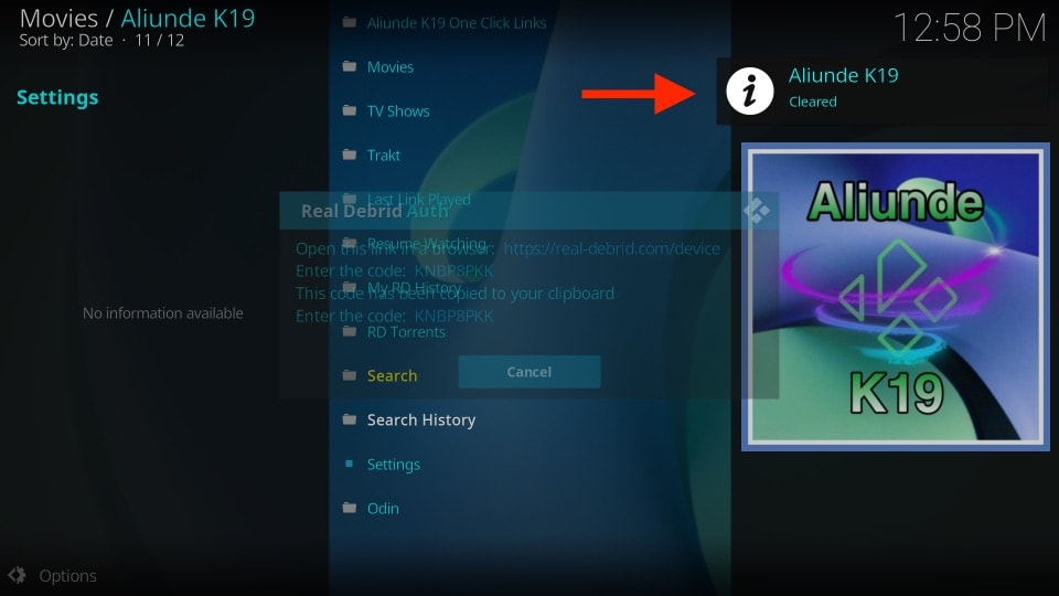 aliunde k19 debrid notification