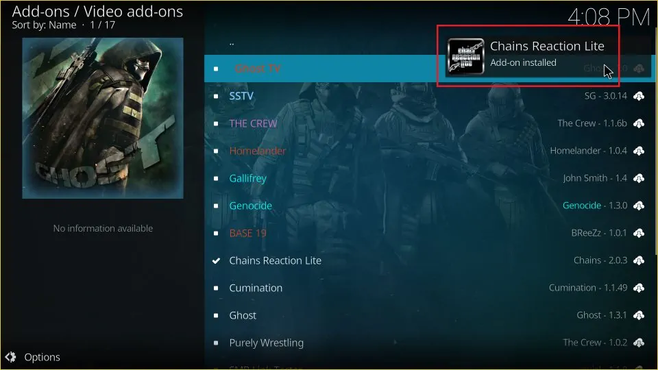 Chains Reaction Lite Add-on installed
