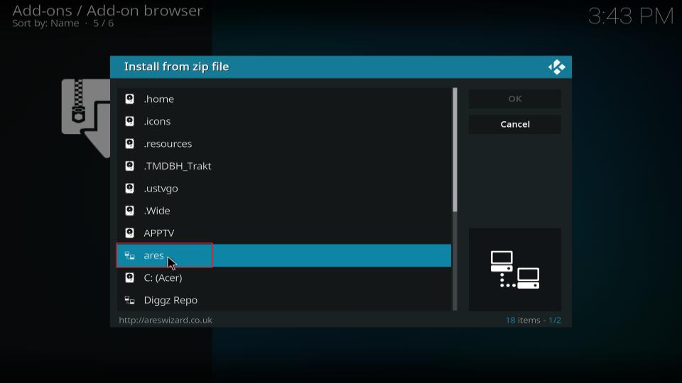 select ares install from zip file