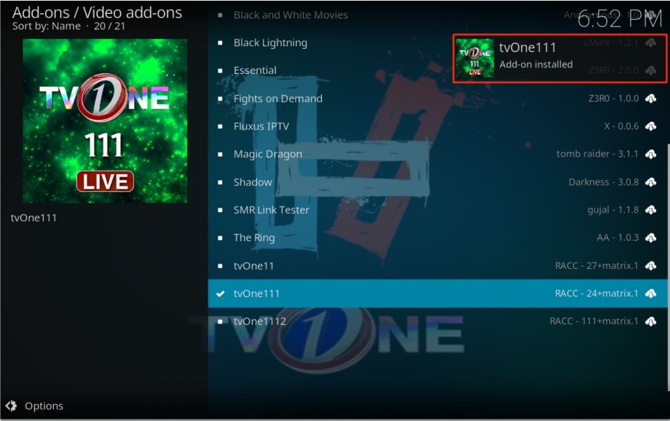 tvone111 addon installed