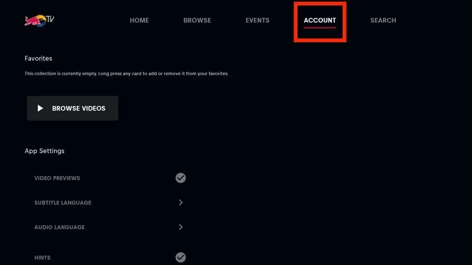 account tab on red bull tv