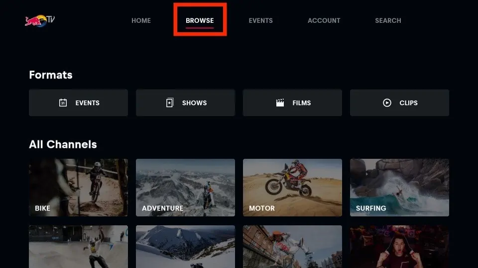 browse section on red bull tv