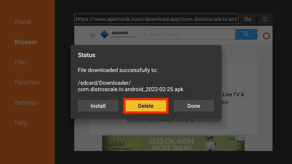 delete distrotv apk files