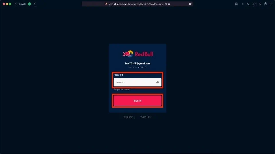 enter password in red bull tv