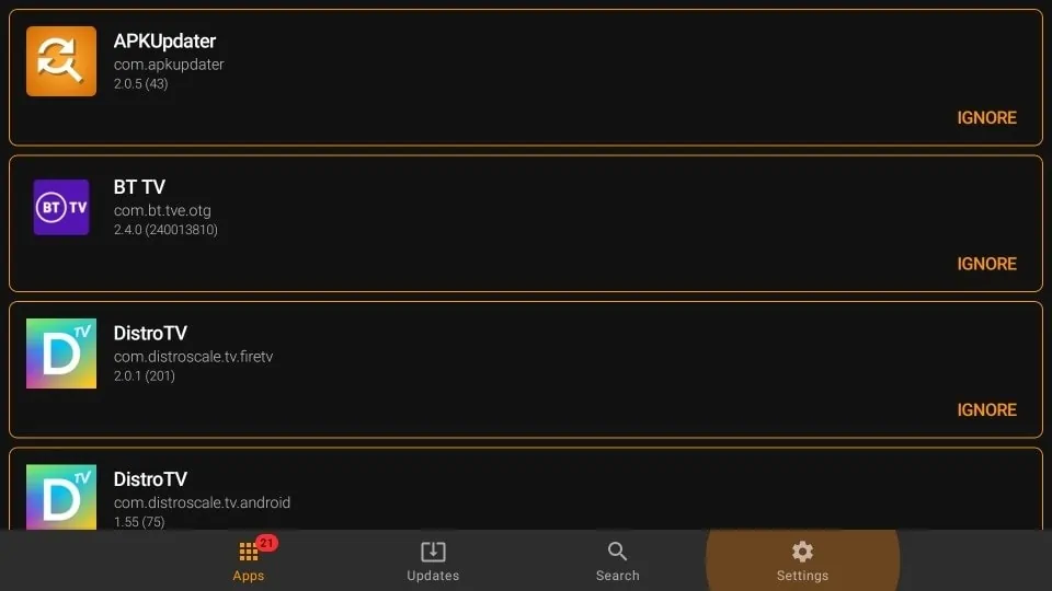 apk updater settings on firetv
